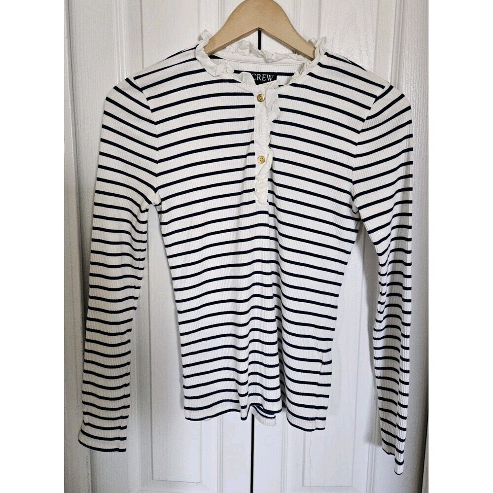 J. Crew Women's Ruffle-collar Long-Sleeve Shirt shirt instriped vintage Sz Small